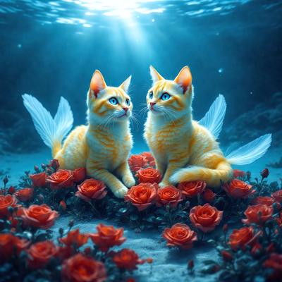 The primary subject of the image is two cats sitting on a bed of red flowers. The setting is a bedroom, with a blue background. The visual style is a digital art illustration, creating a whimsical and playful atmosphere. The dominant colors are red and blue, with the red flowers being the main focus of the scene.